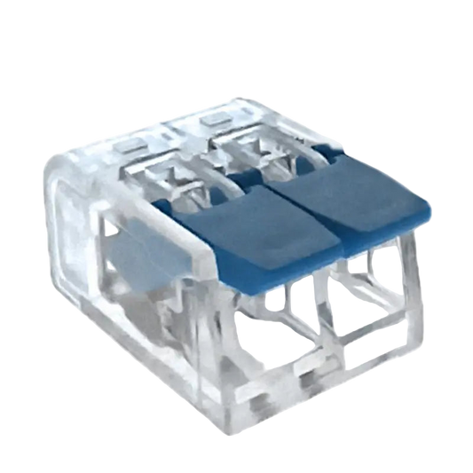 Clear electrical connector with blue contact points on a white background
