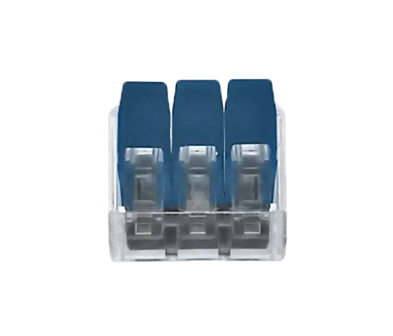 Clear plastic container with three blue objects inside on a white background