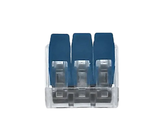 Clear plastic container with three blue objects inside on a white background