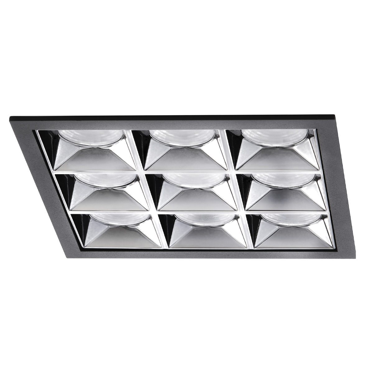 Square ceiling light fixture with multiple circular lights on a white background