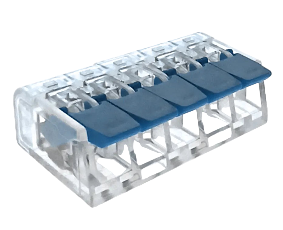 Clear plastic component with blue connectors on a white background