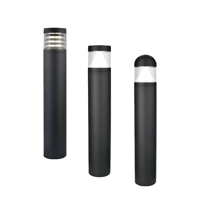 Three black cylindrical outdoor lights on a white background