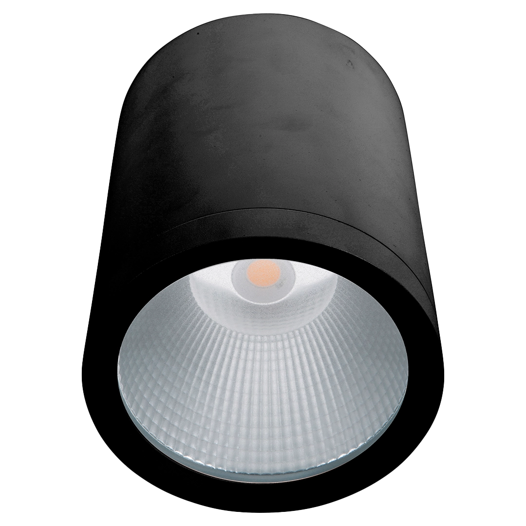 Black cylindrical light fixture on a white background