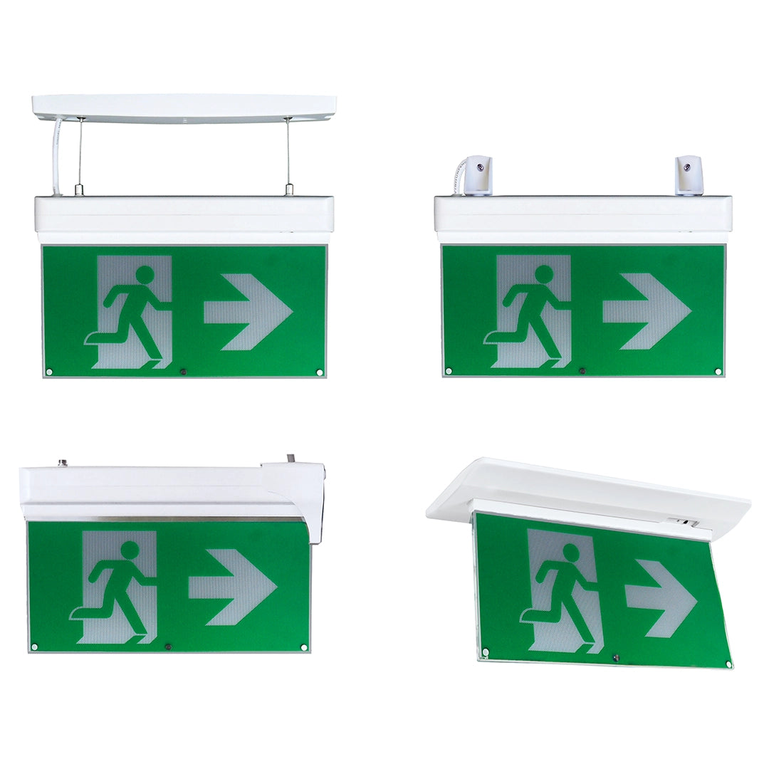 Set of four green emergency exit signs with white symbols and arrows on a white background