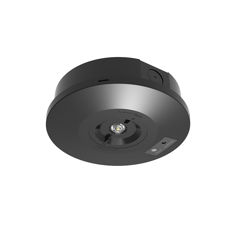 Black round emergency downlight with a light on a white background