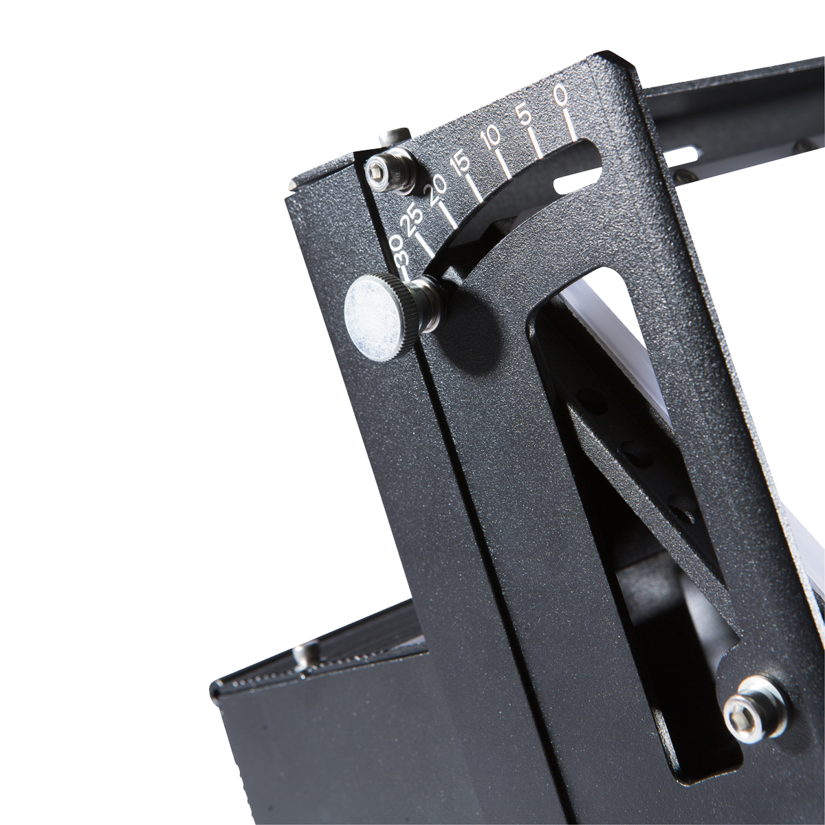 Close-up of a black Canopus metal bracket with measurement markings on a white background