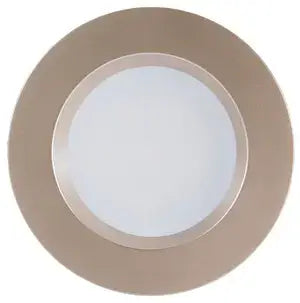 Round light fixture with a nickel rim on a white background