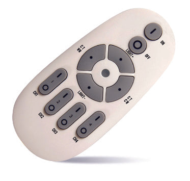 White remote control with gray buttons on a white background