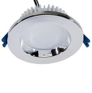 Round recessed ceiling light with chrome trim on a white background