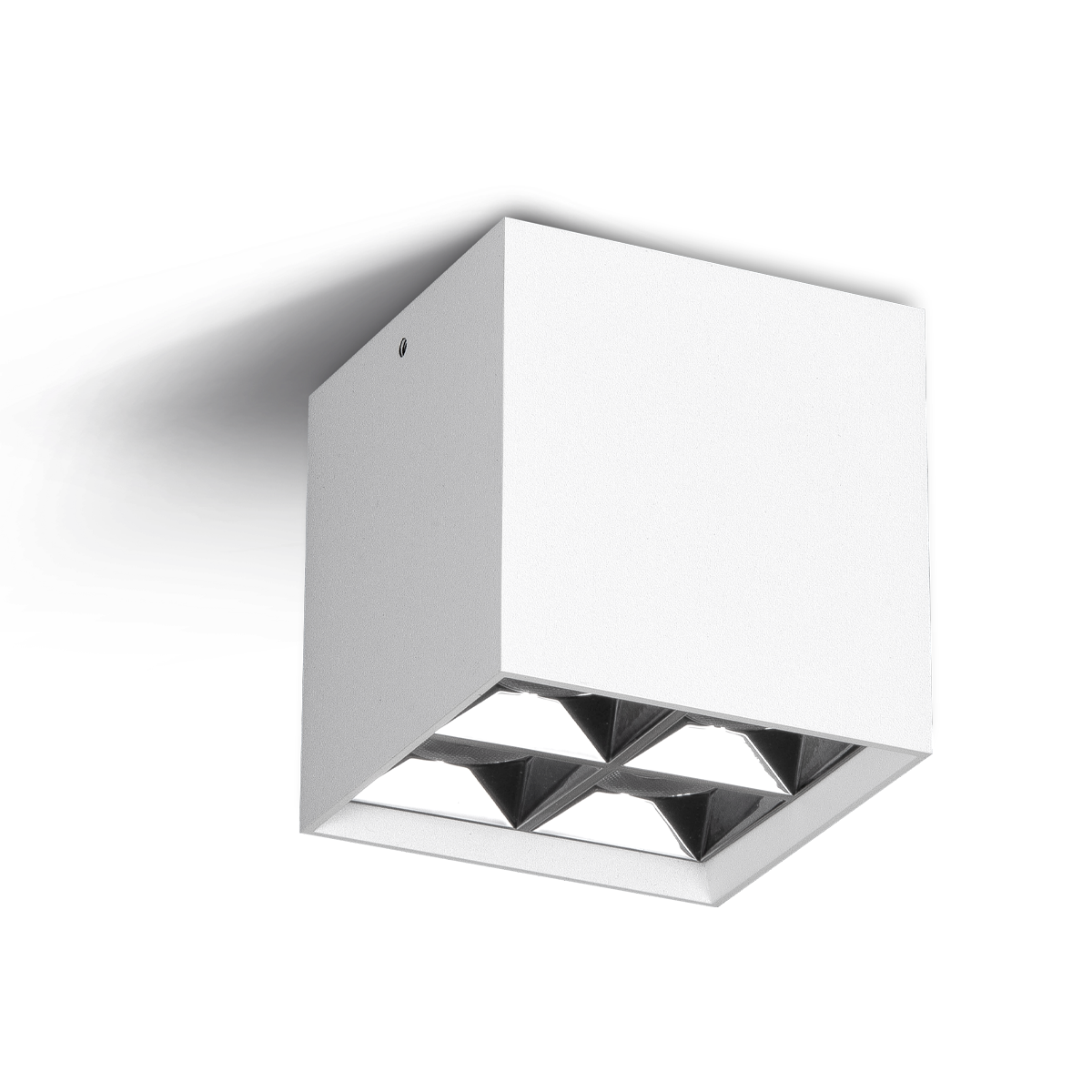 Square white ceiling light fixture on a white background