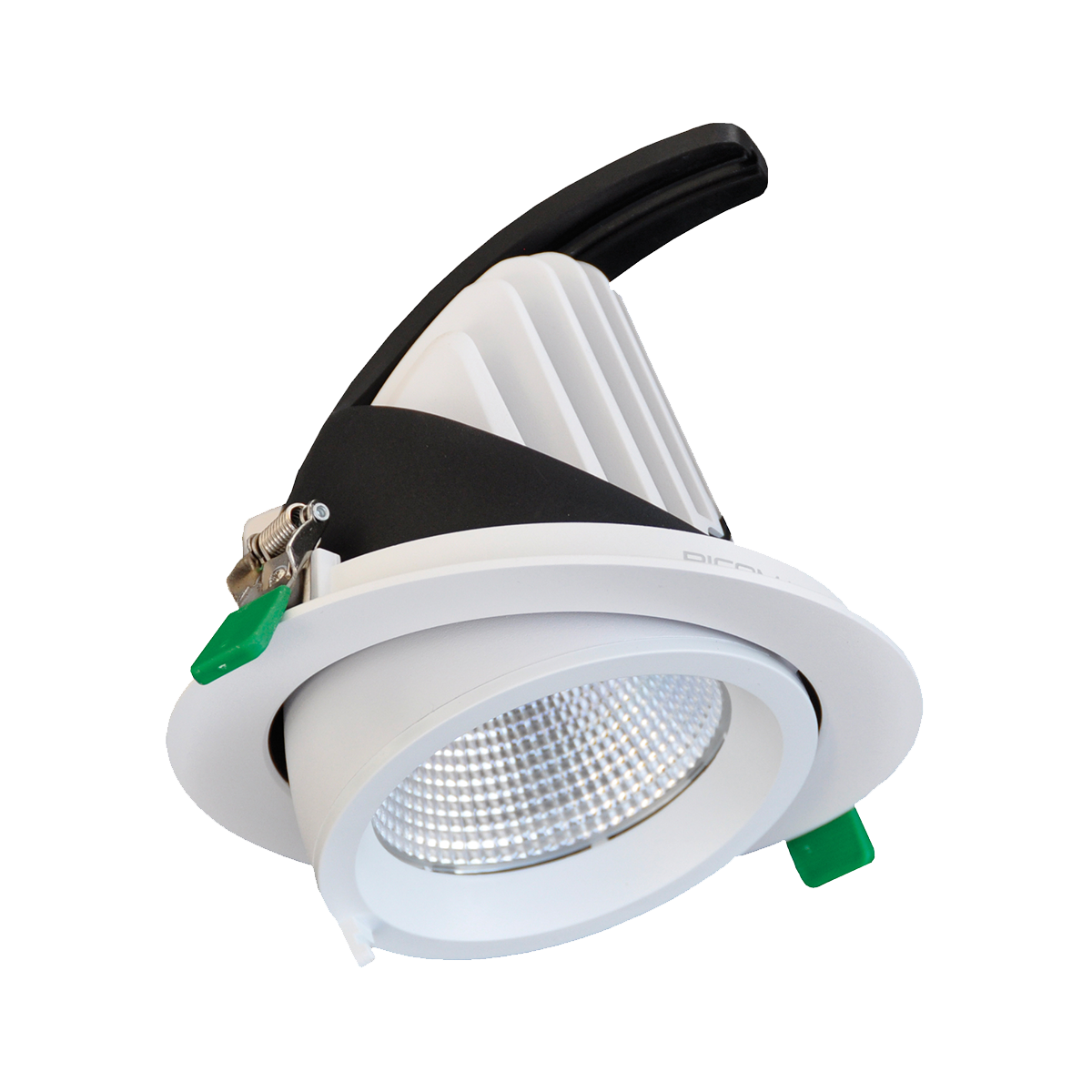 Downlight fixture with black and green accents on a white background