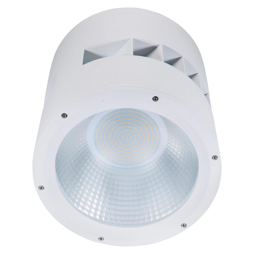 White industrial ceiling light fixture on a white background