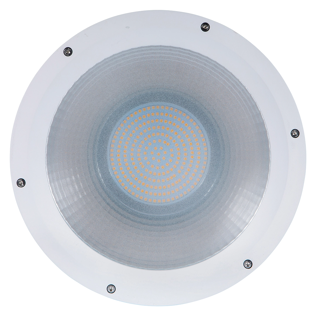 Round white LED light fixture on a white background