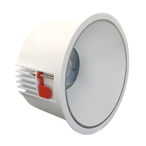 White recessed ceiling light with a red switch on a white background