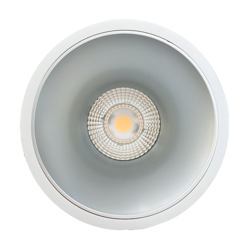Round white light fixture and matte silver on a white background