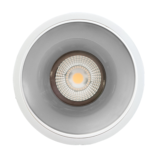 Close-up of a recessed ceiling light with white housing and brownish interior on a white background