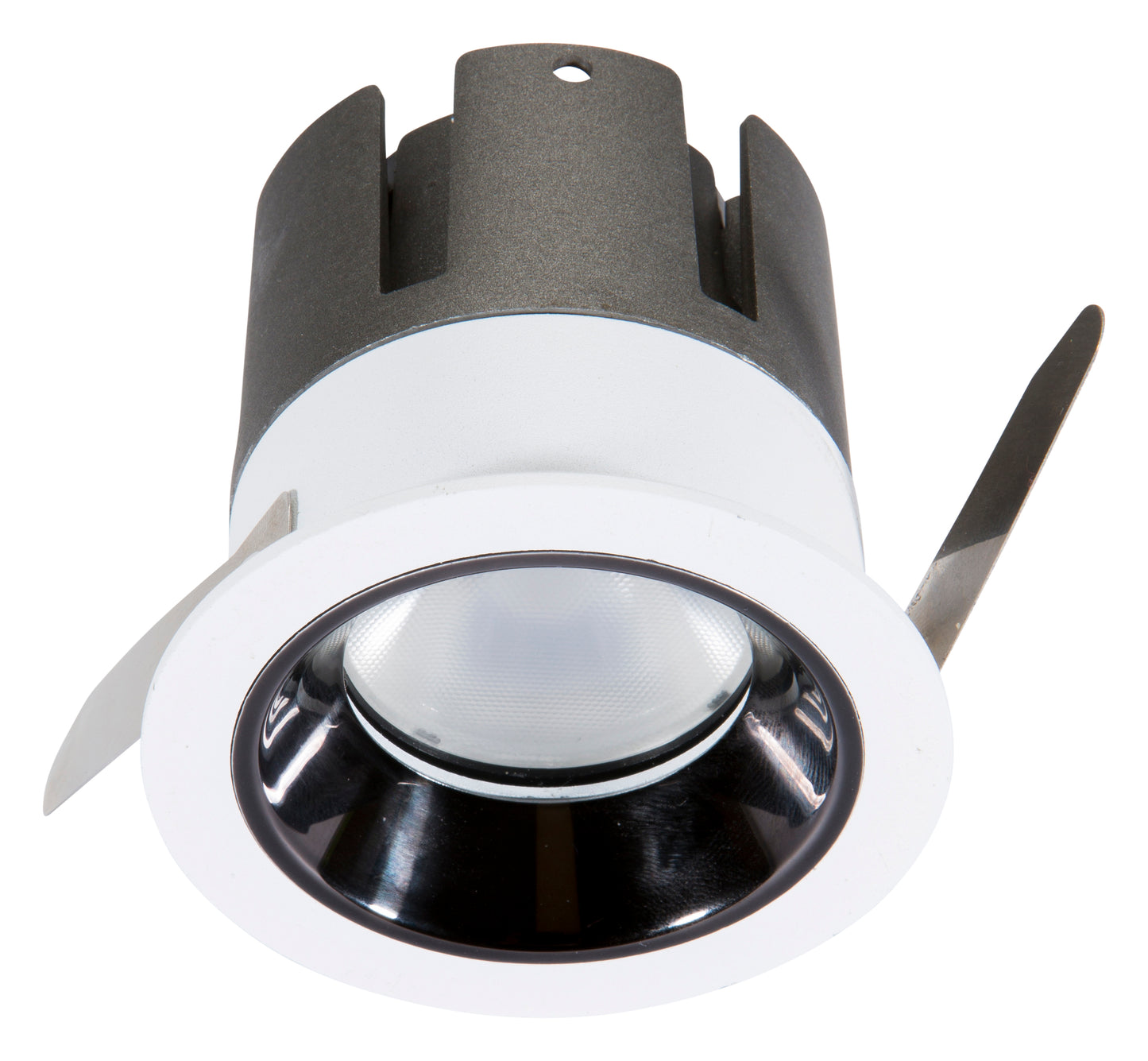 Recessed ceiling light with black and white design on a white background