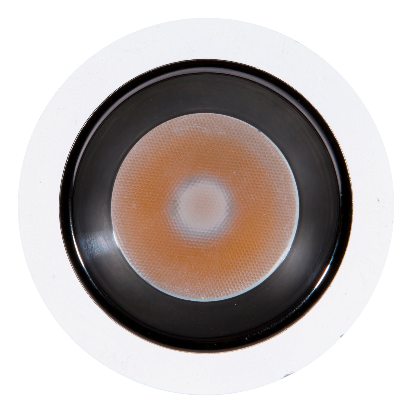 Close-up of a round light fixture with a white rim and black interior on a white background