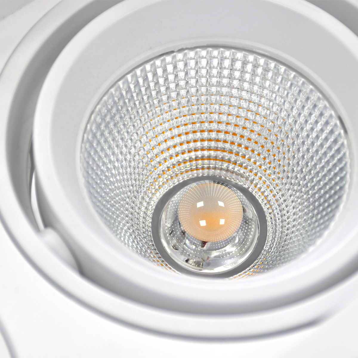 Close-up of a recessed ceiling light with a white frame and clear glass cover.
