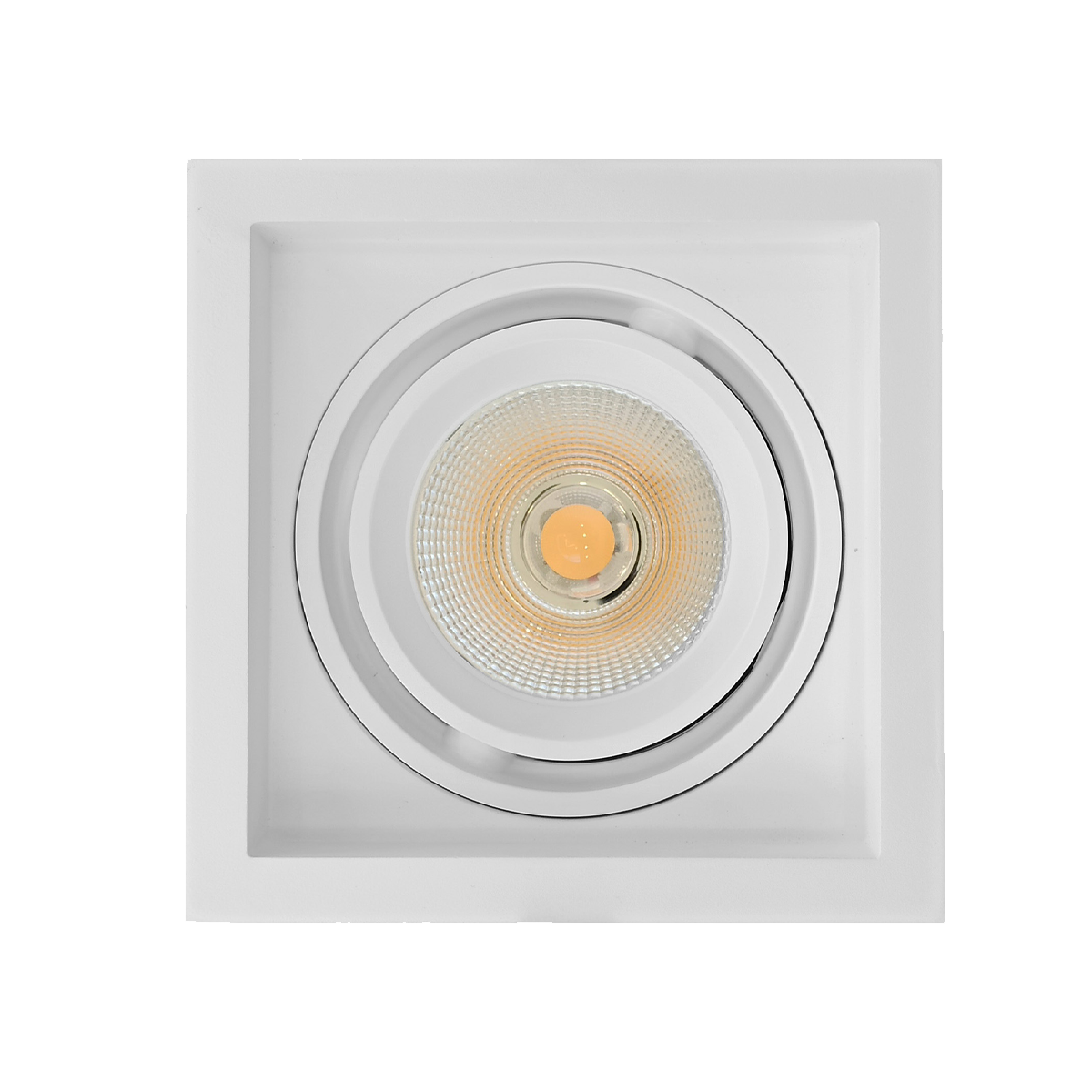 Square recessed ceiling light with white frame on a white background
