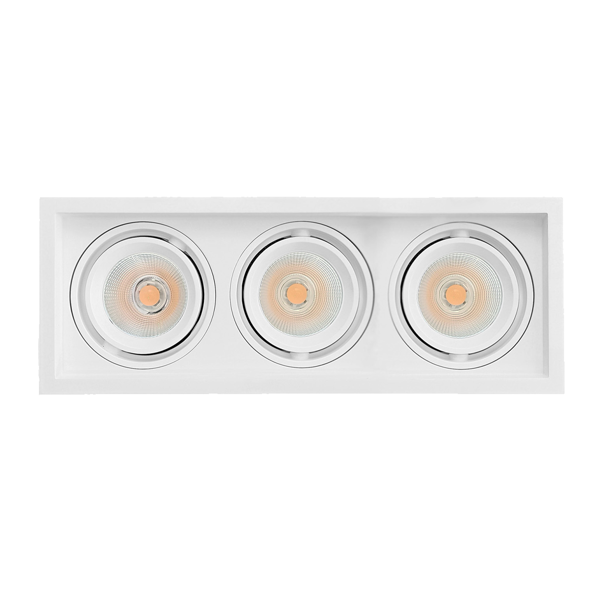 Three-light fixture with white frame and circular lights on a white background