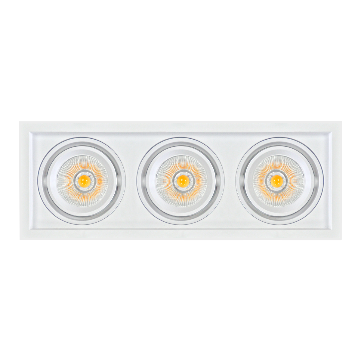 Three LED light fixtures on a white background
