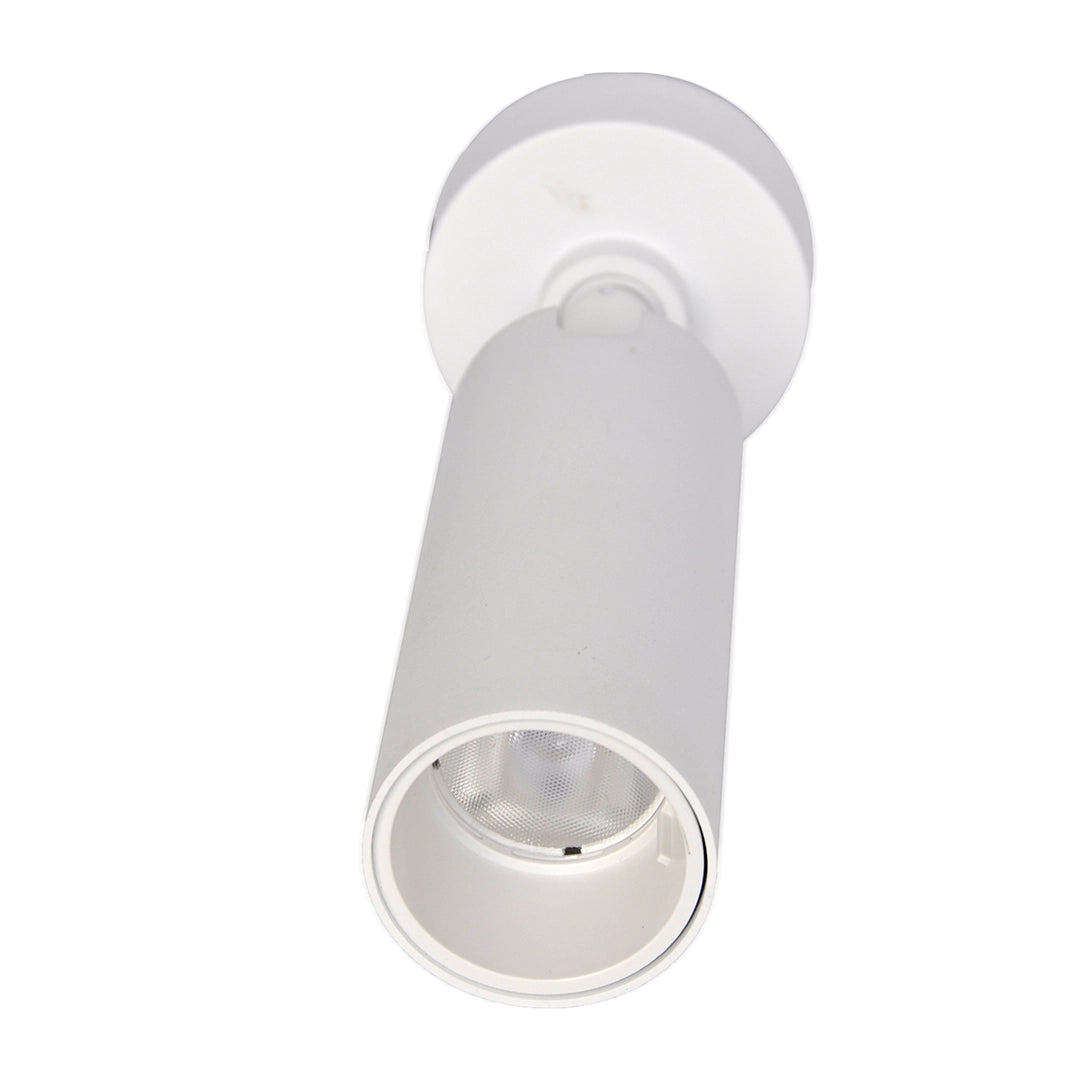 White cylindrical light fixture at an angle on a white background
