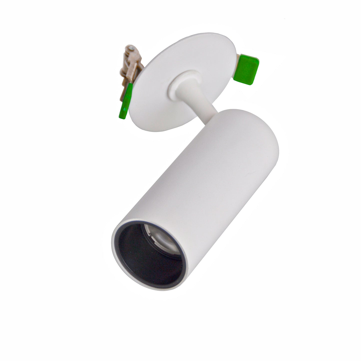 White cylindrical light fixture with green accents on a white background