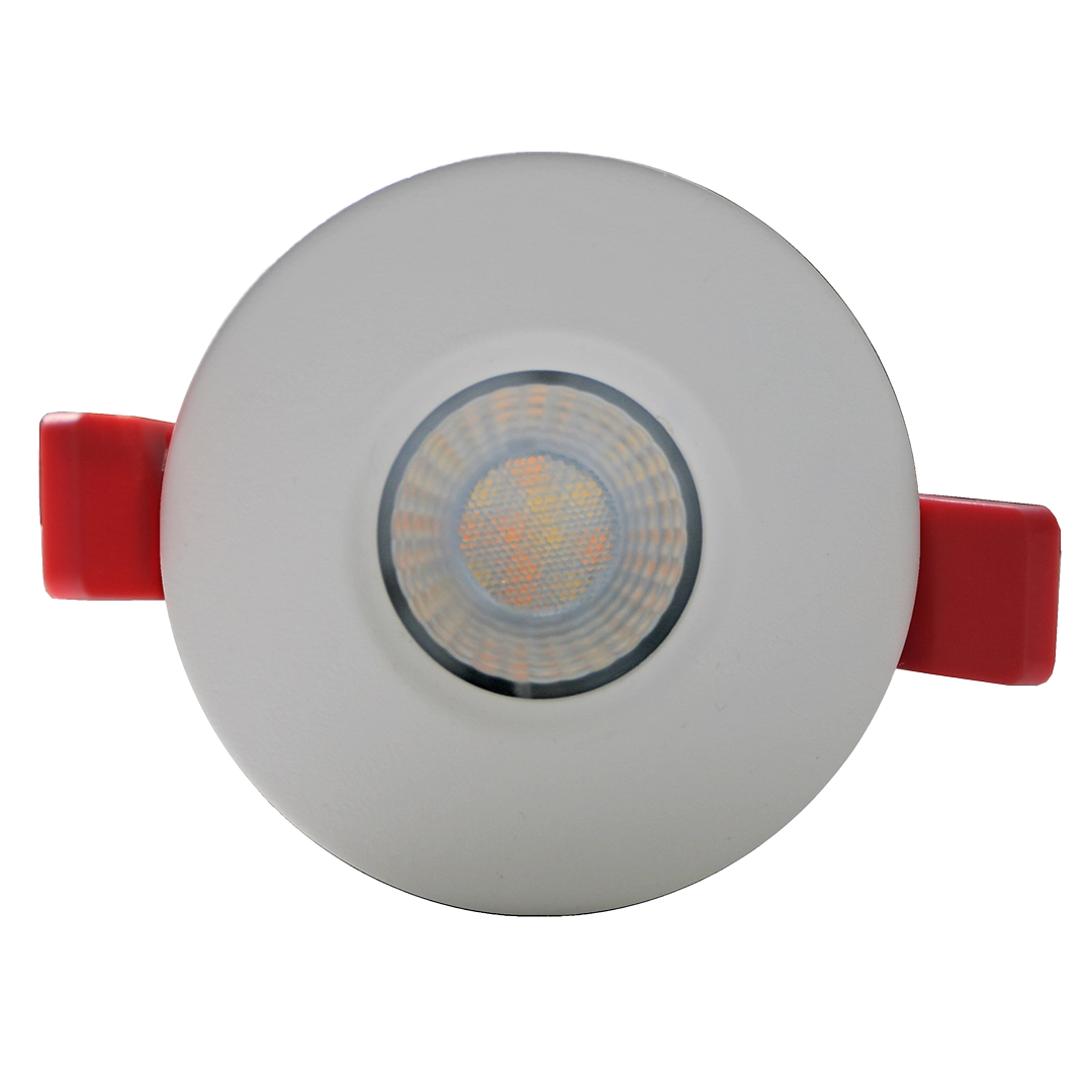 Round light fixture with red trim on a white background