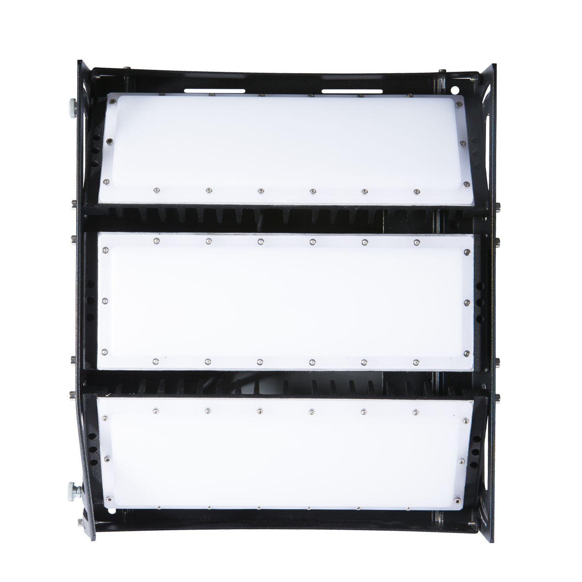 Industrial LED light fixture with multiple white panels on a black frame