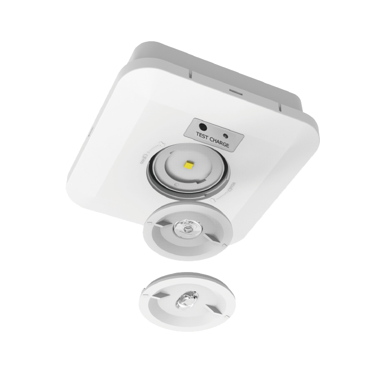 White emergency downlight with circular components on a white background