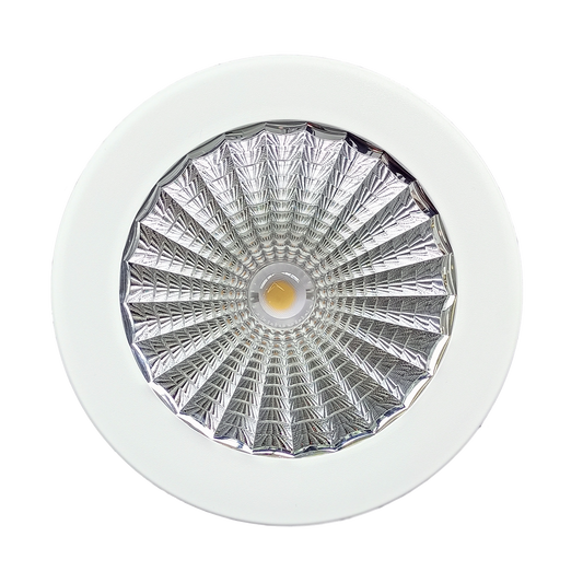 Downlight with white trim and clear glass shade on a white background