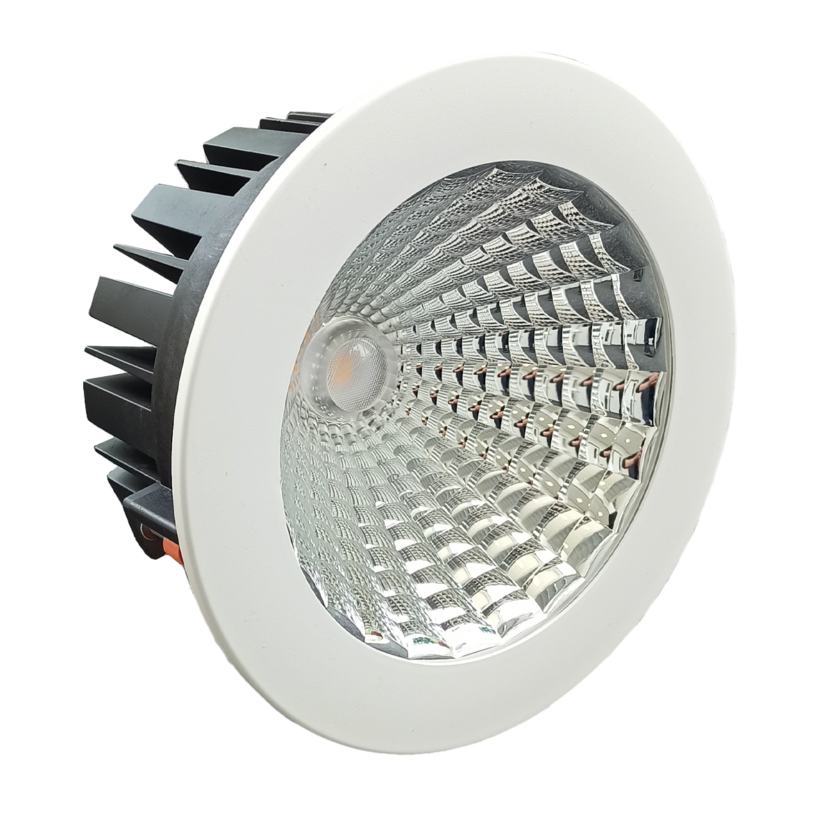 LED downlight with a white housing on a white background