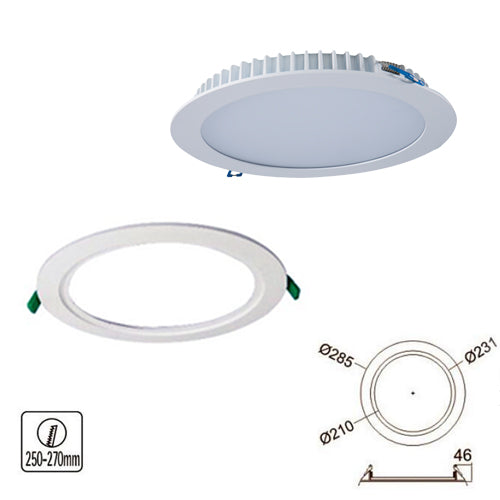 Round recessed ceiling light with measurement details on a white background