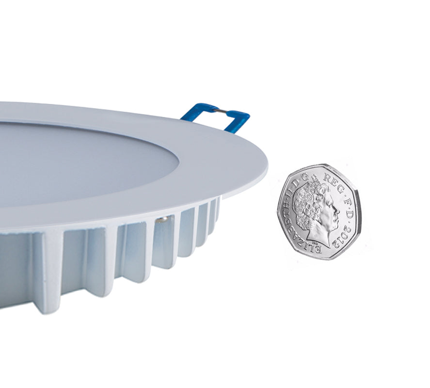 Circular LED Light next to a British Coin