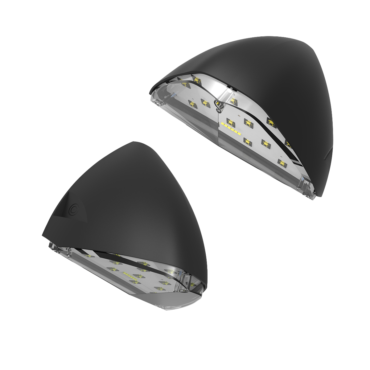 Two black outdoor lights on a white background