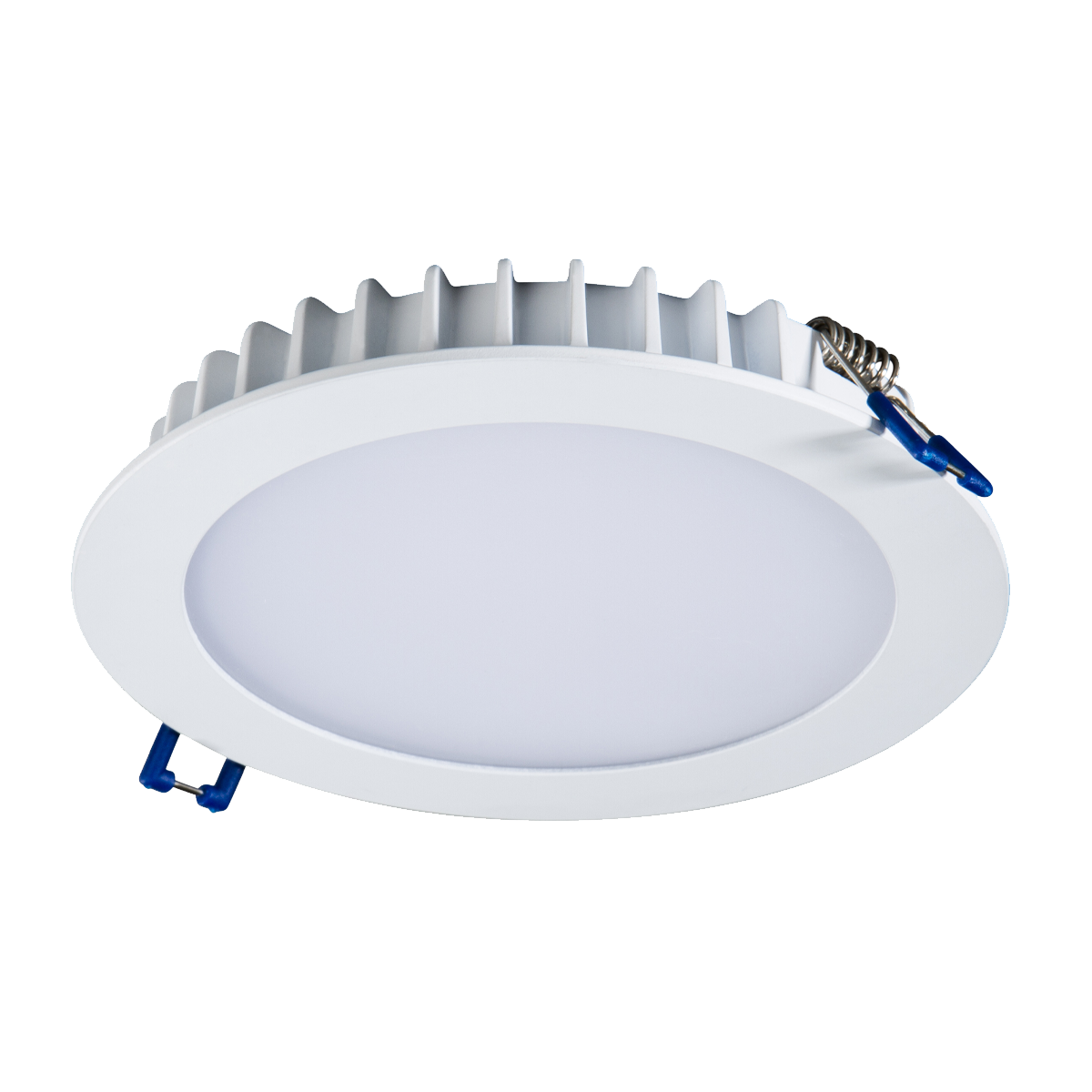 Round recessed ceiling light with white trim on a white background