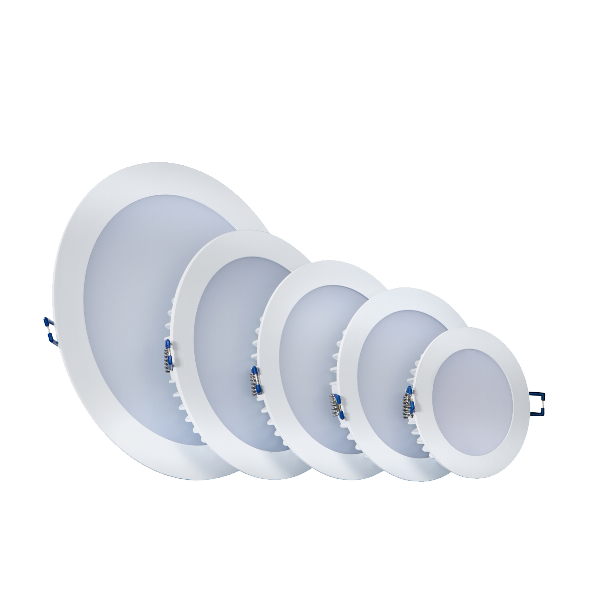 Set of five round LED downlights on a white background
