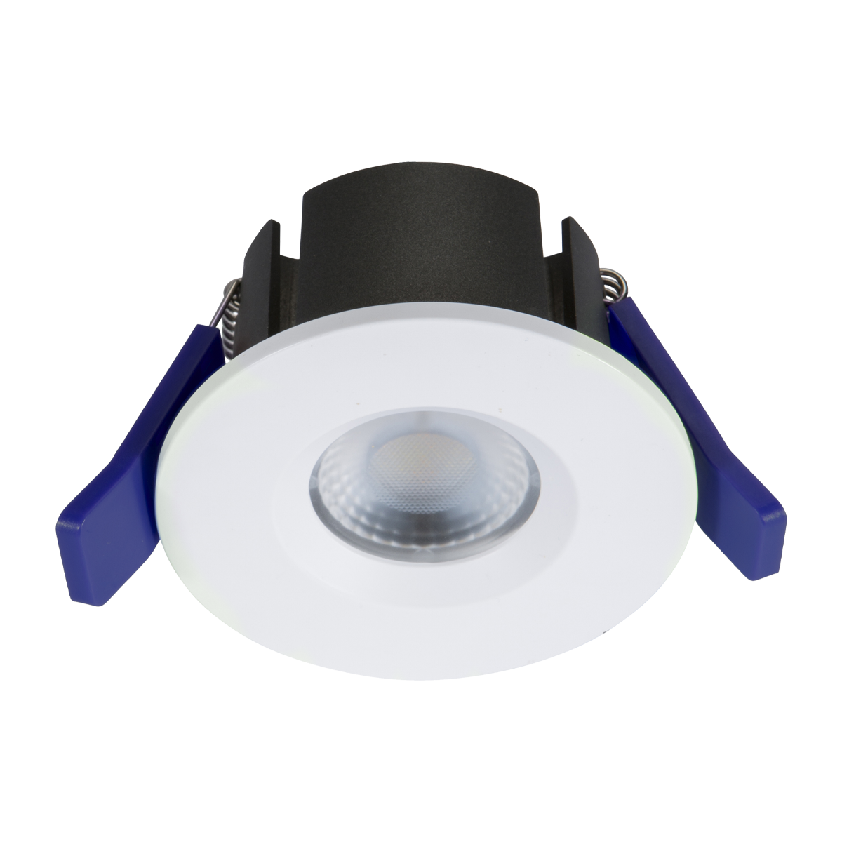 Recessed ceiling light with black and blue trim on a white background