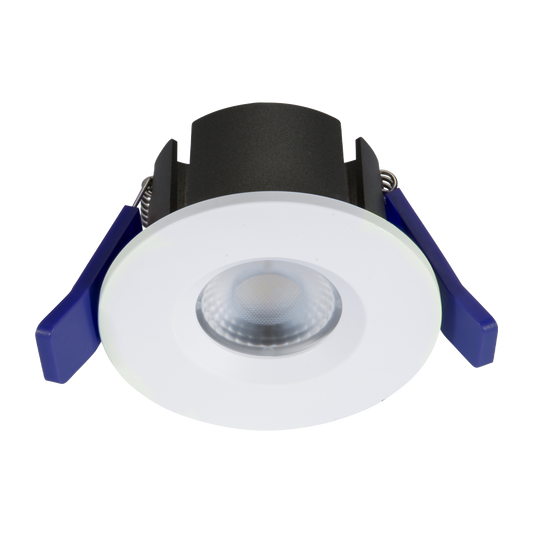 Recessed ceiling light with black and blue trim on a white background