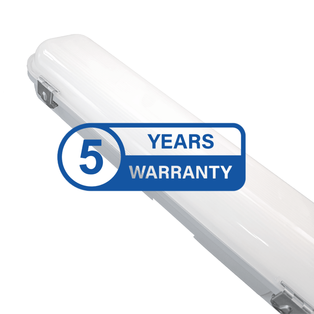 White light fixture with a 5-year warranty label on a white background