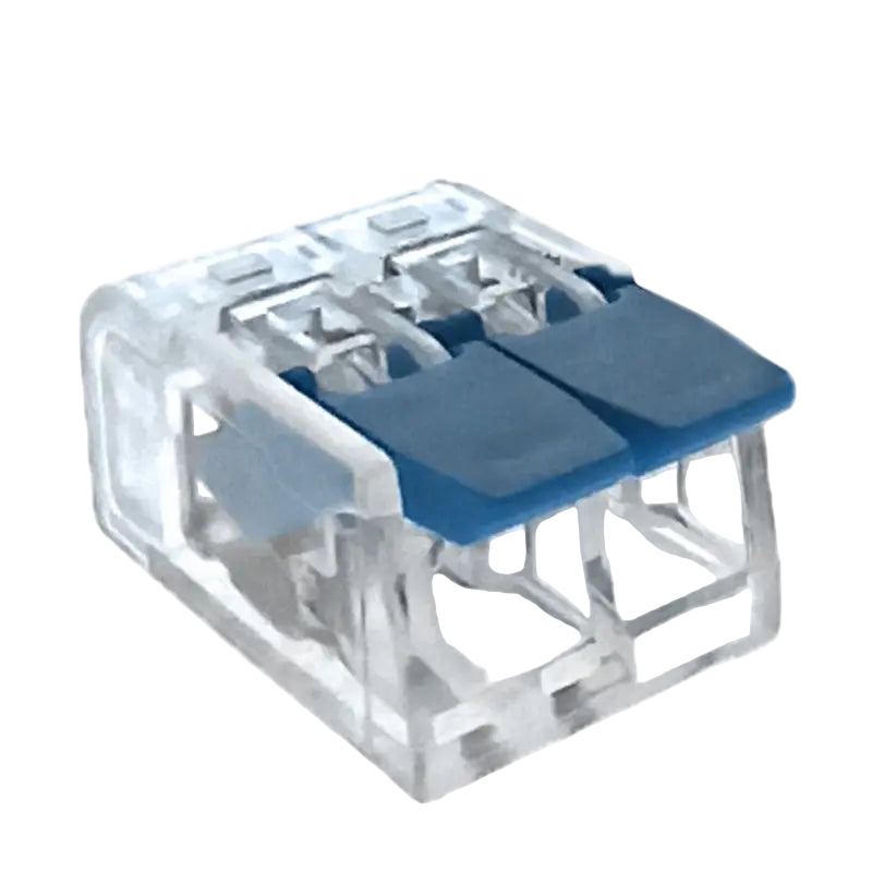 Clear electrical connector with blue contact points on a white background
