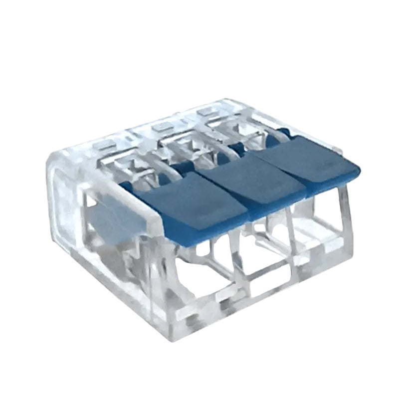 Clear electrical connector with blue components on a white background