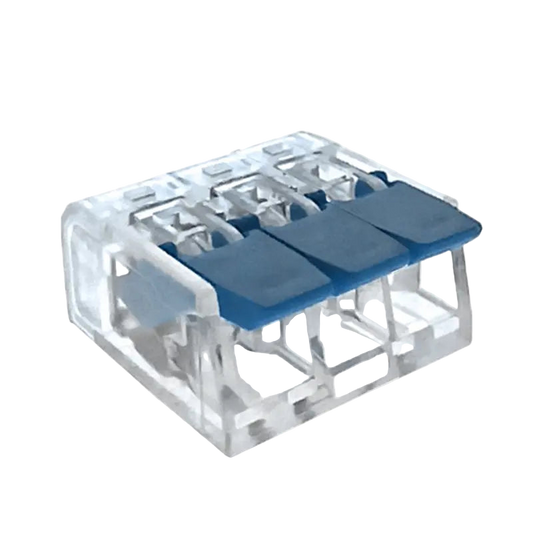 Clear electrical connector with blue components on a white background