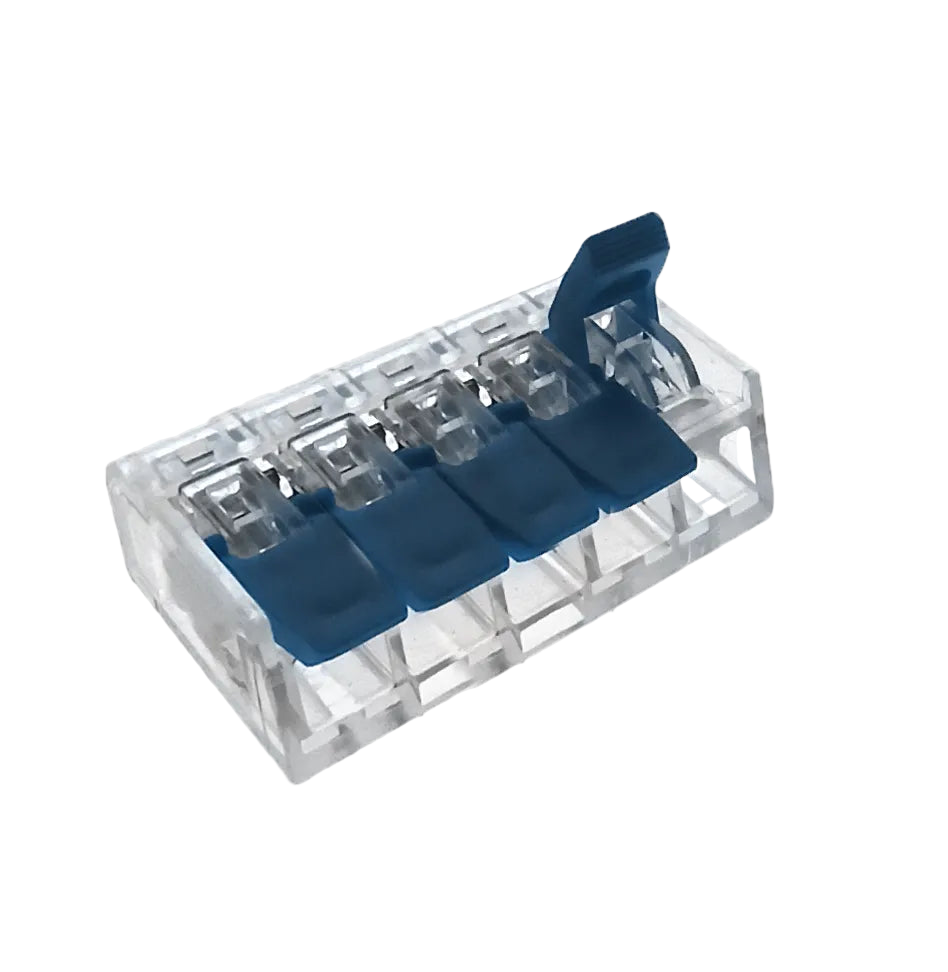 Clear plastic component with blue connectors on a white background