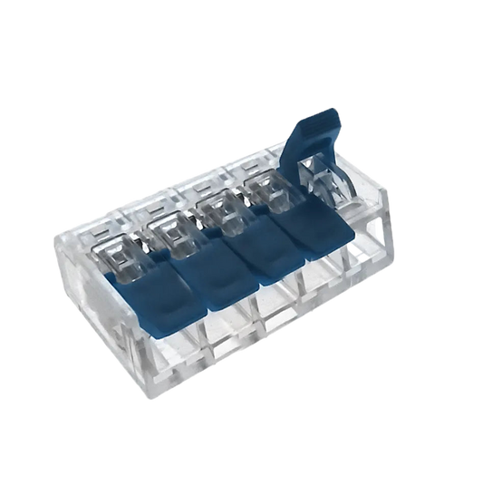 Clear plastic component with blue connectors on a white background