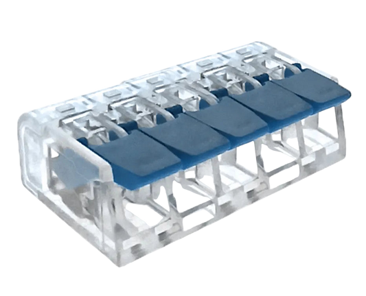 Clear plastic component with blue connectors on a white background