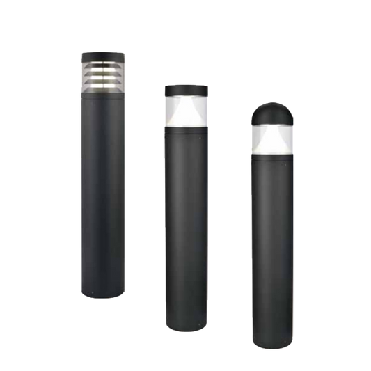 Three black cylindrical outdoor lights on a white background