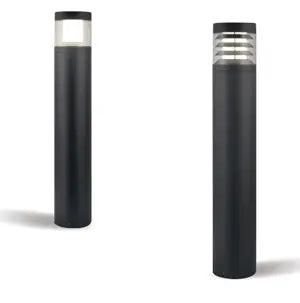 Two black cylindrical outdoor lights on a white background