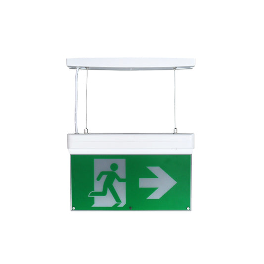 Ceiling-mounted emergency exit sign with green background and white arrow and symbol